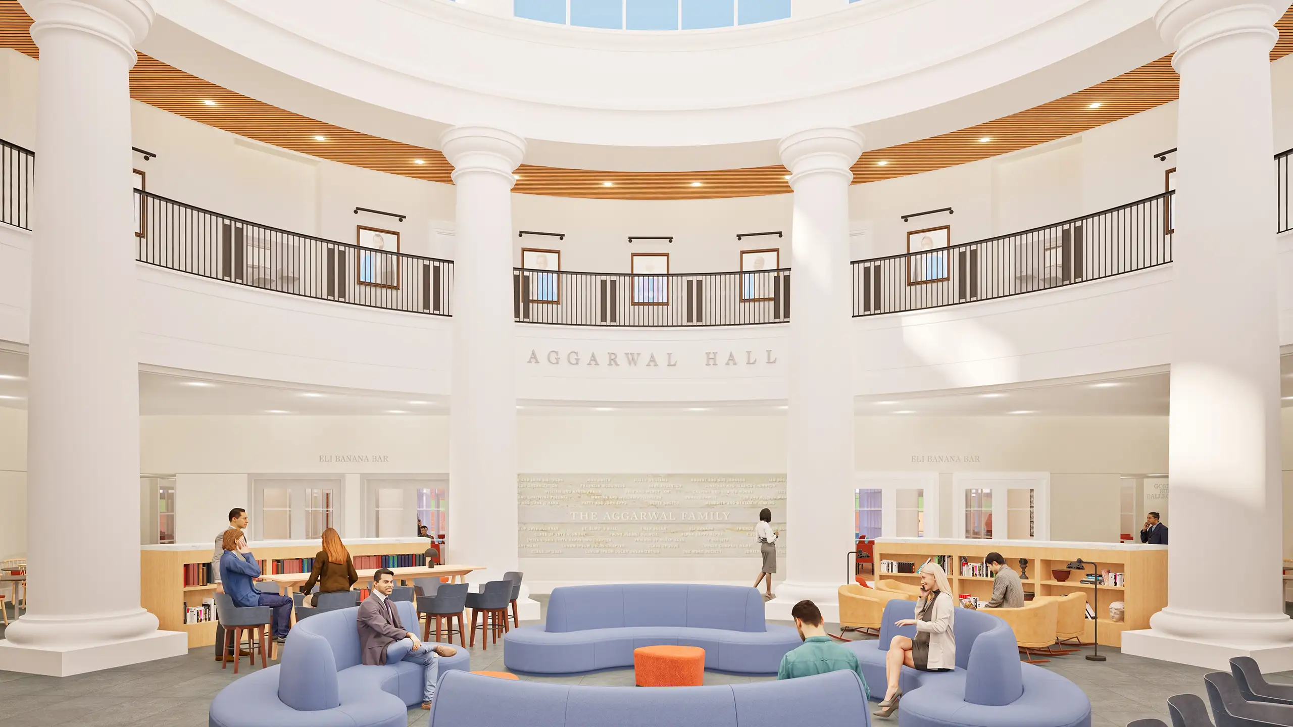 The central atrium, showing the Aggarwal Hall name and other donor recognition
