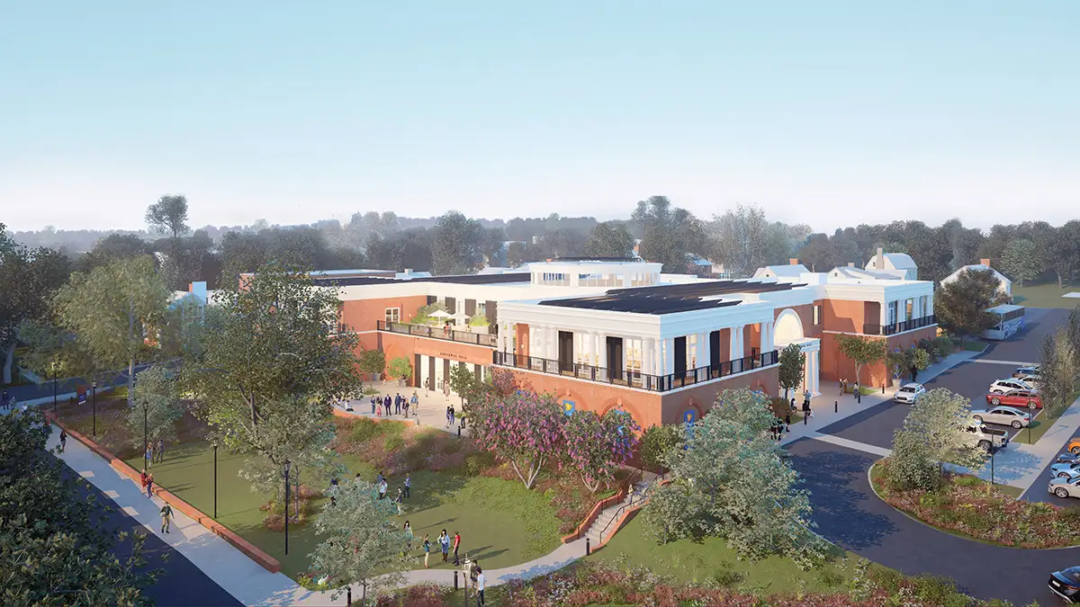 Aerial daytime view of Aggarwal Hall looking from northeast to southwest.