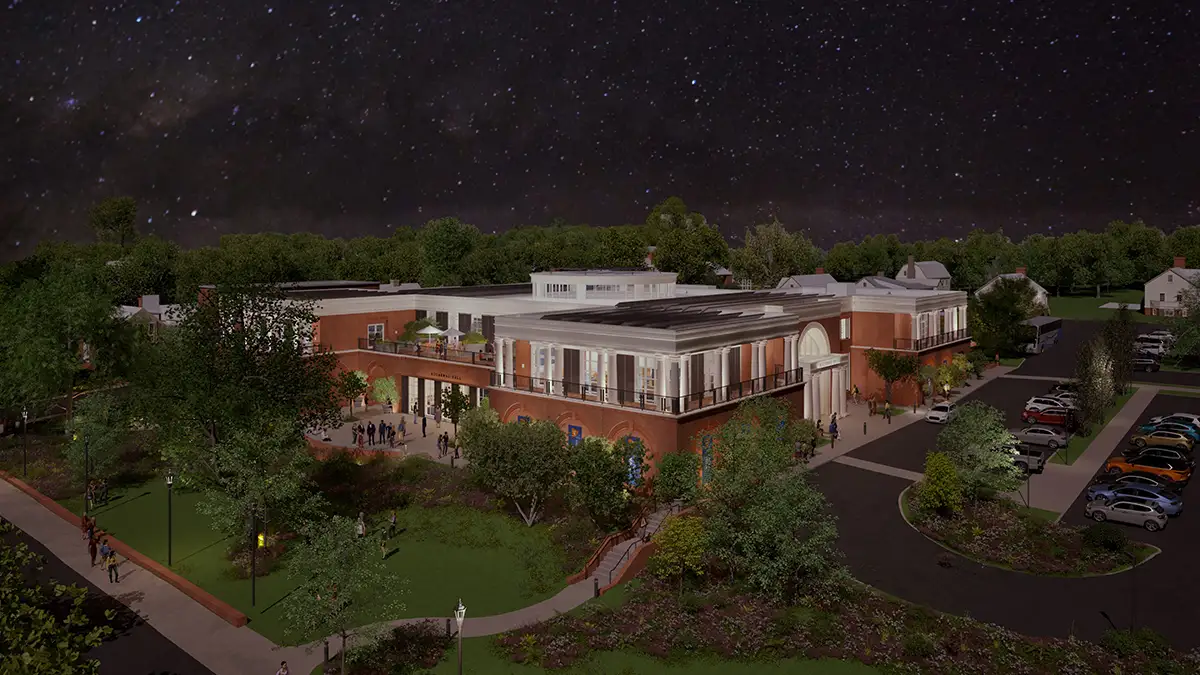Aerial nighttime view of Aggarwal Hall looking from northeast to southwest.