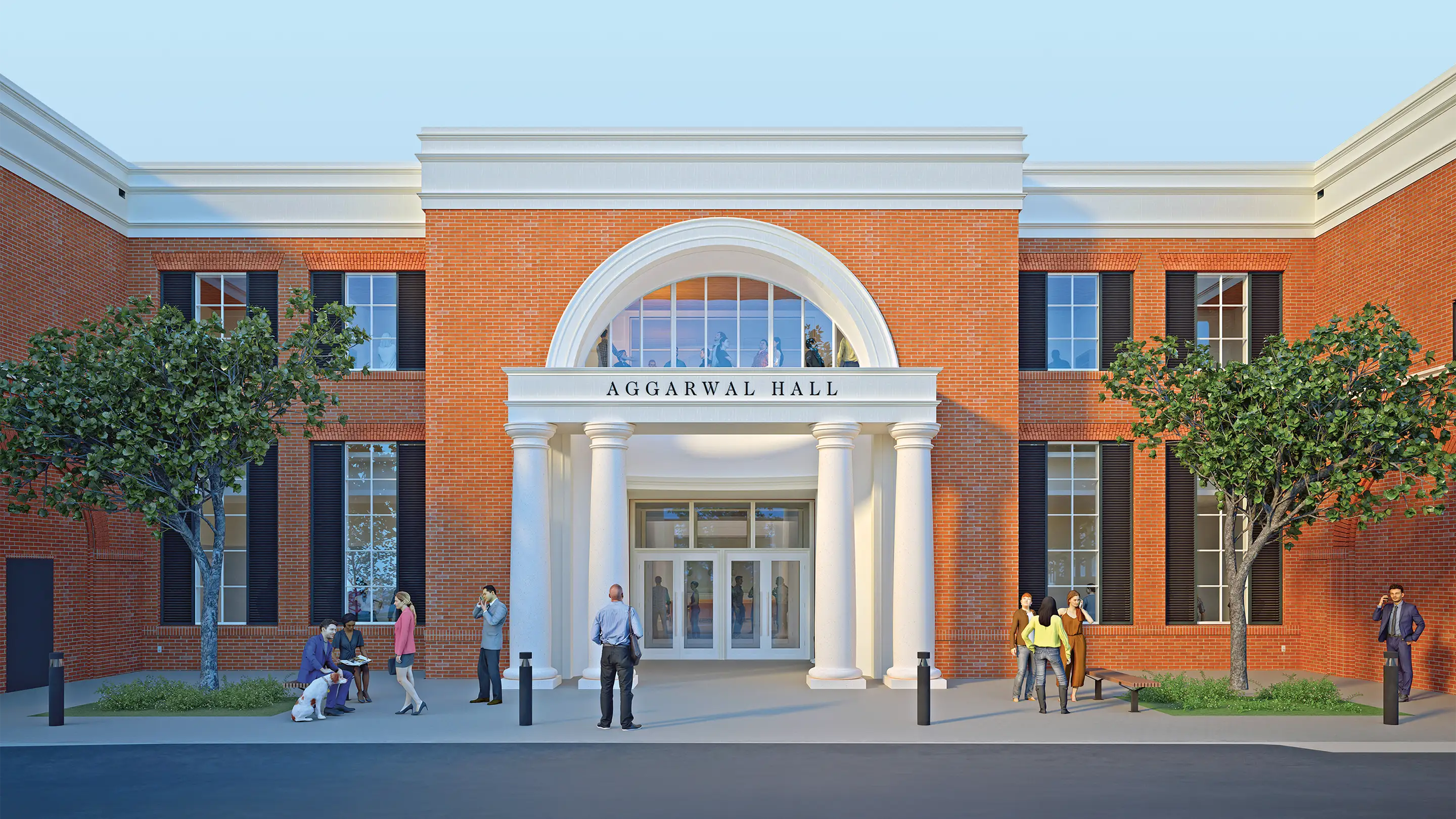 The north entrance of Aggarwal Hall