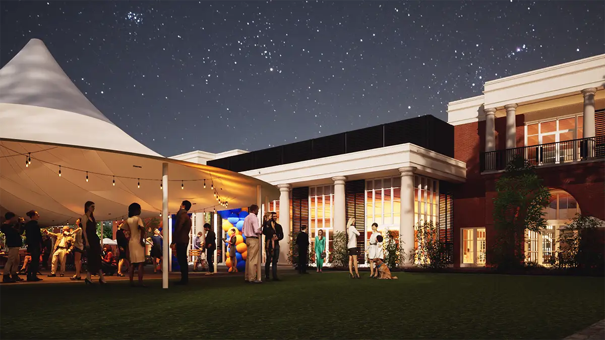 West/event terrace as shown at night with an event tent