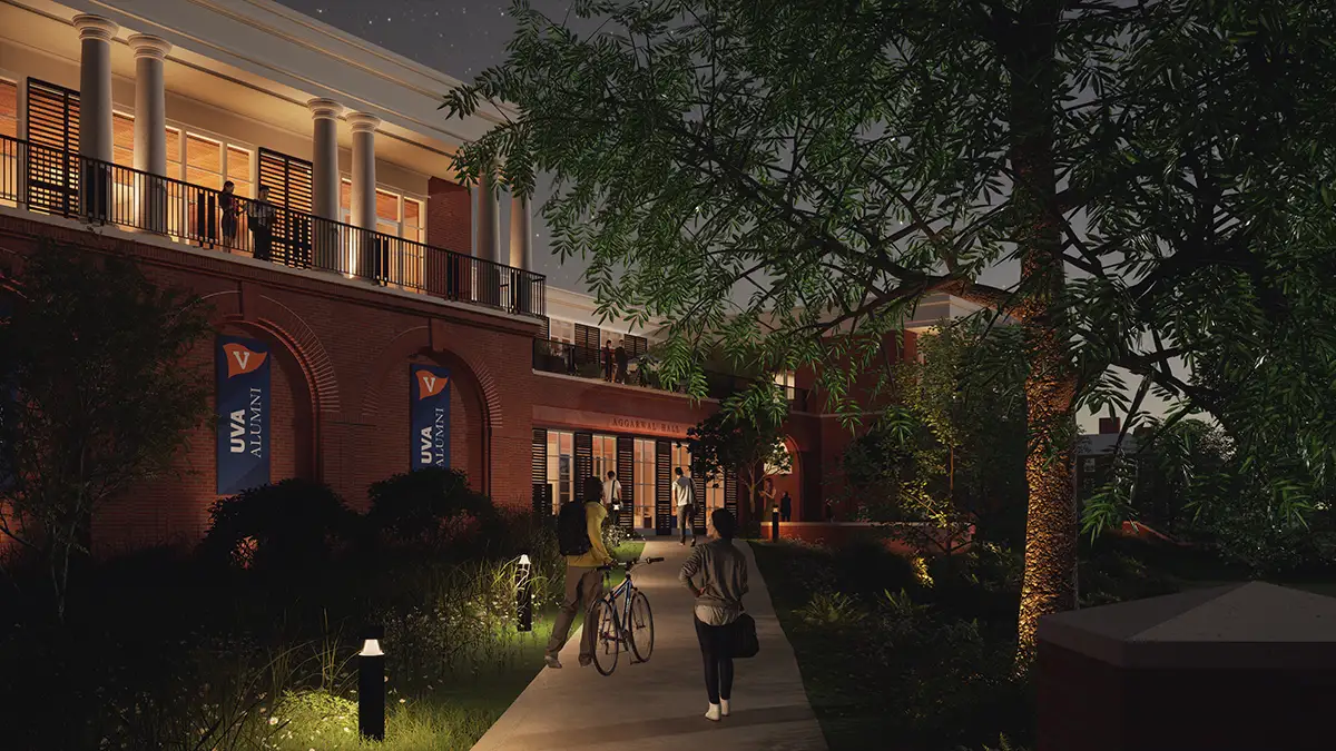 Path from the southeast corner of the lot (approaching from Newcomb Hall) at night