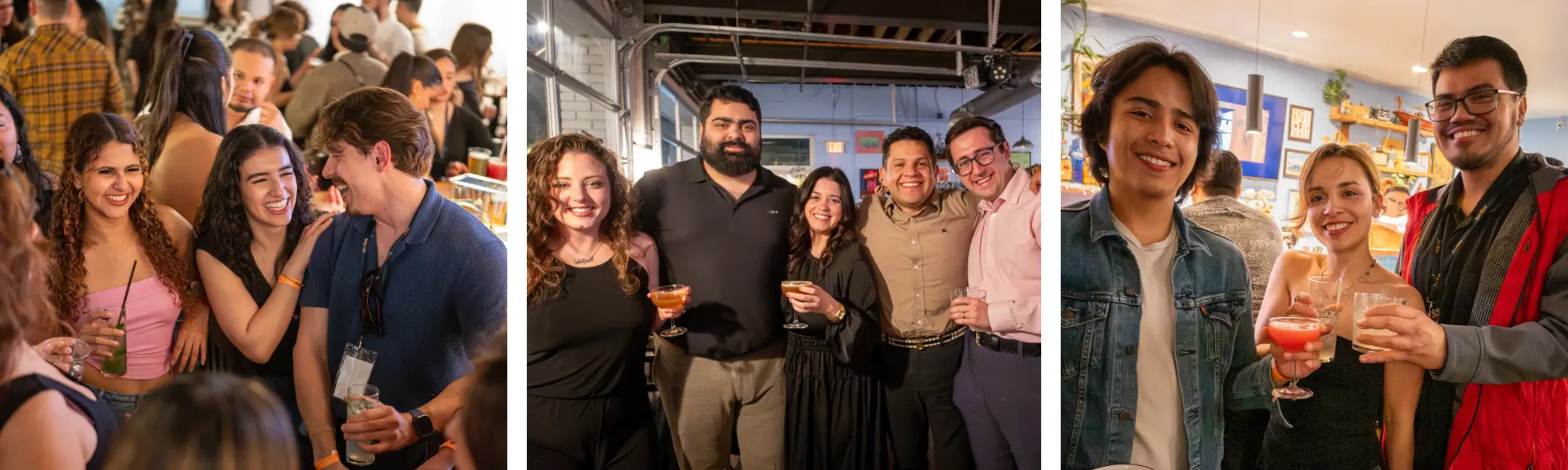 Collage of photos from past Juntos events. Attendees enjoy reconnecting, meeting, and celebrating.