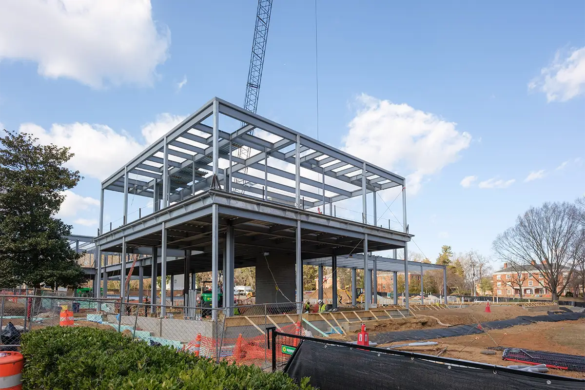 View of Aggarwal Hall steelwork looking northward from Lewis Mountain Road