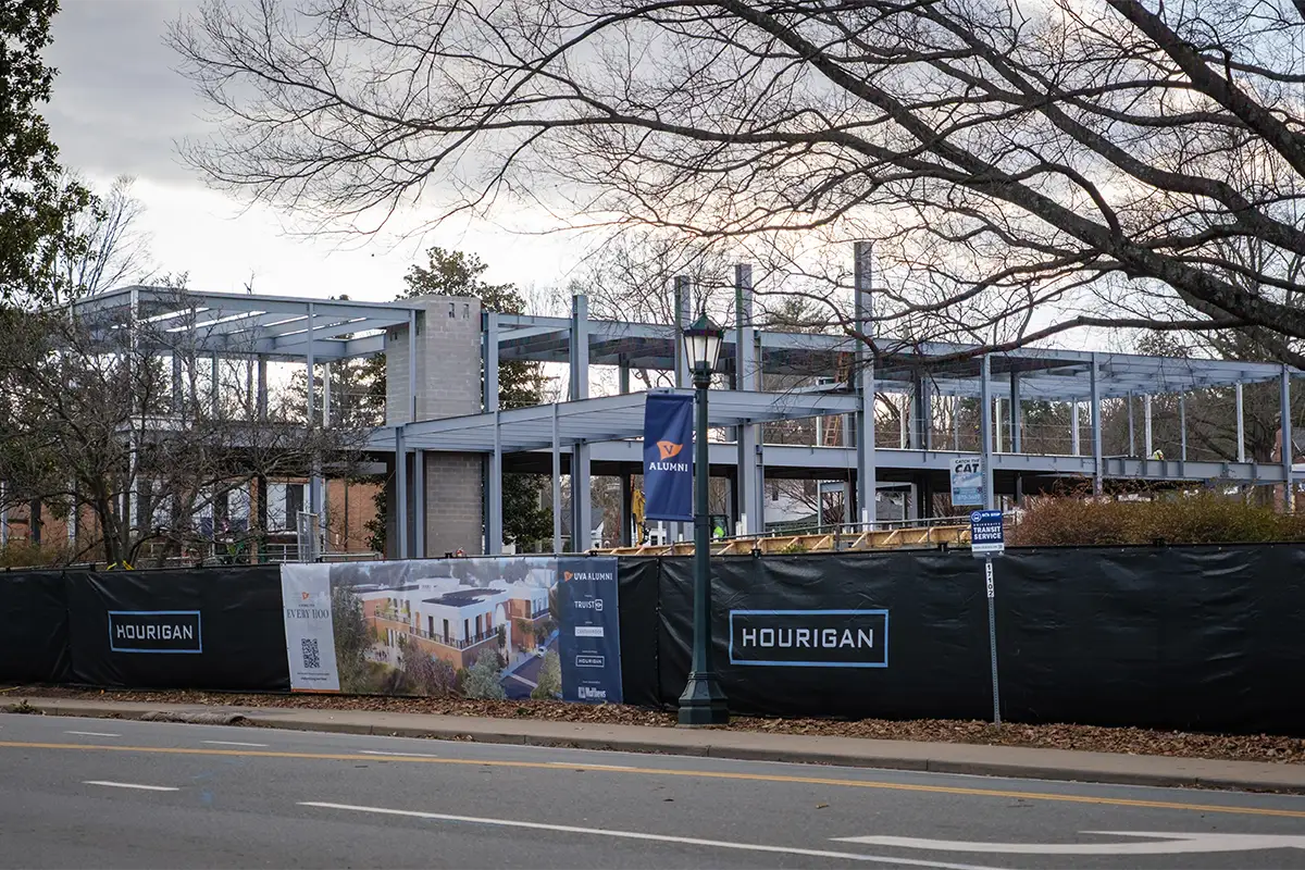 View of Aggarwal Hall steelwork looking westward from Emmet Street