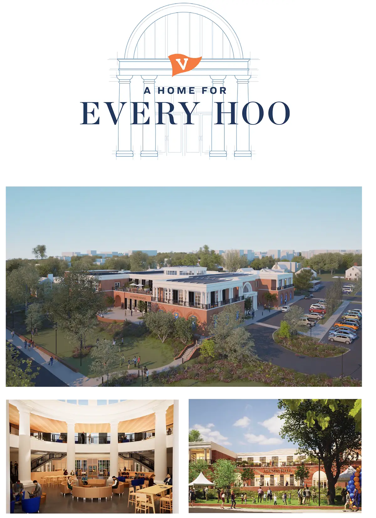 Renderings of the new Aggarwal Hall include an aerial view from the northeast, an interior of the central atrium, and a ground-level view from Emmet Street.