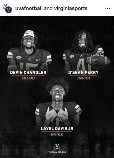 Instagram post from uvafootball and virginiasports remembering Devin Chandler, D'Sean Perry and Lavel Davis Jr.