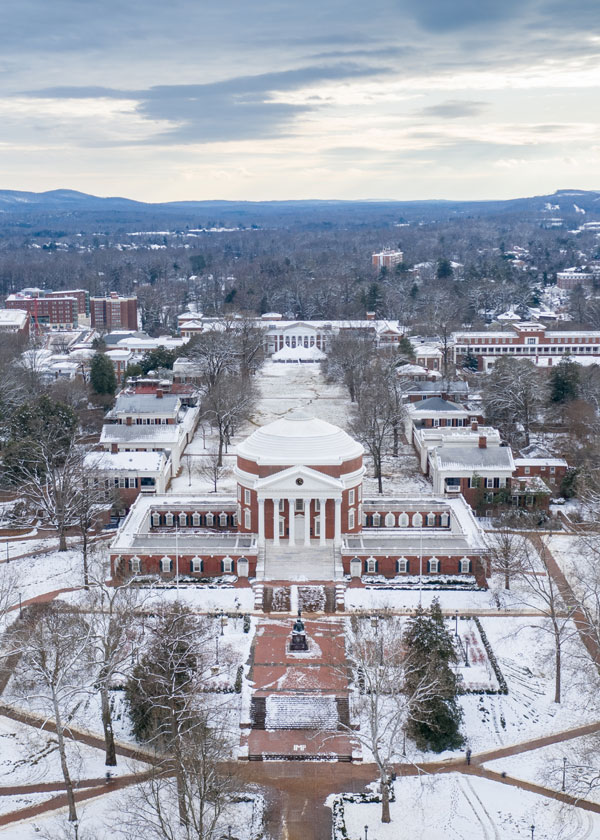 Holiday card template with a snowy scene of the Rotunda and Lawn